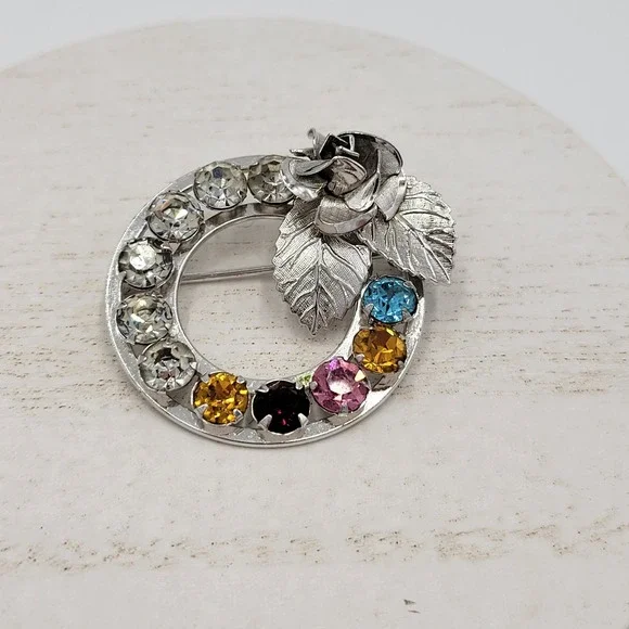 Sterling Silver Multi Color Rhinestone Wreath Brooch Pin Set Mother's Day Gift - Picture 1 of 12
